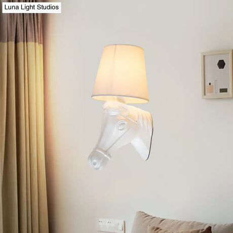 Vintage Barrel Sconce Wall Light With Horse Head Design - White Fabric Lamp Shade 1 Bulb