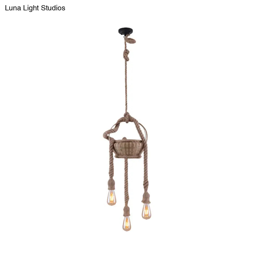 Vintage Beige Hemp Rope Chandelier - Rustic Hanging Light For Living Room