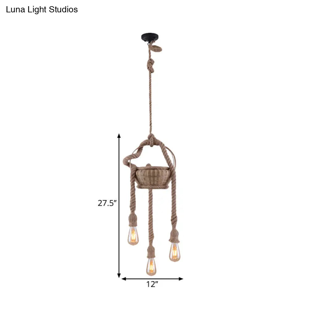 Vintage Beige Hemp Rope Chandelier - Rustic Hanging Light For Living Room