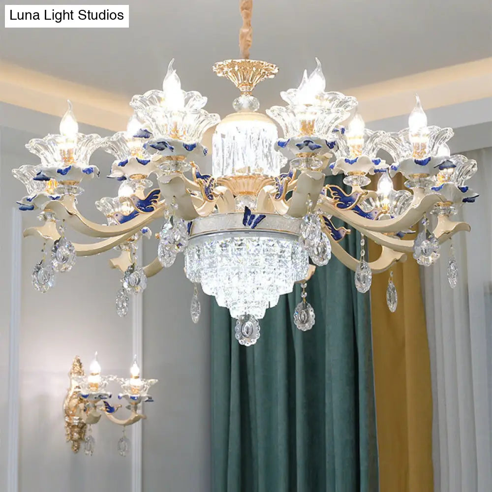 Vintage Beige Ruffle Floral Chandelier Light With Crystal Accent - Faceted Glass For Living Room