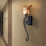 Vintage Bell Bedroom Sconce Light: Amber Glass Led Wall Mount Black 15/26 Tall / 26