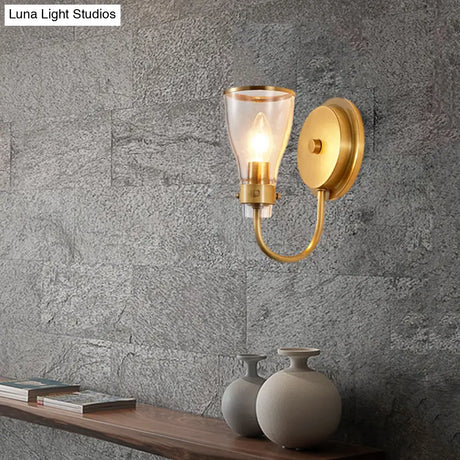 Vintage Bell Wall Mount 1-Light Brass Lamp Sconce With Clear Glass Shade - Indoor Lighting