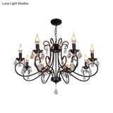 Vintage Bent Arm Frame Ceiling Light - 6/8 Black Lights With Crystal Drop For Living Room