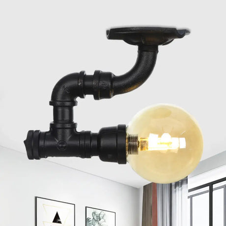 Vintage Black 1 - Light Ball Semi Flush Mount Ceiling Lamp With Amber Glass Finish / B