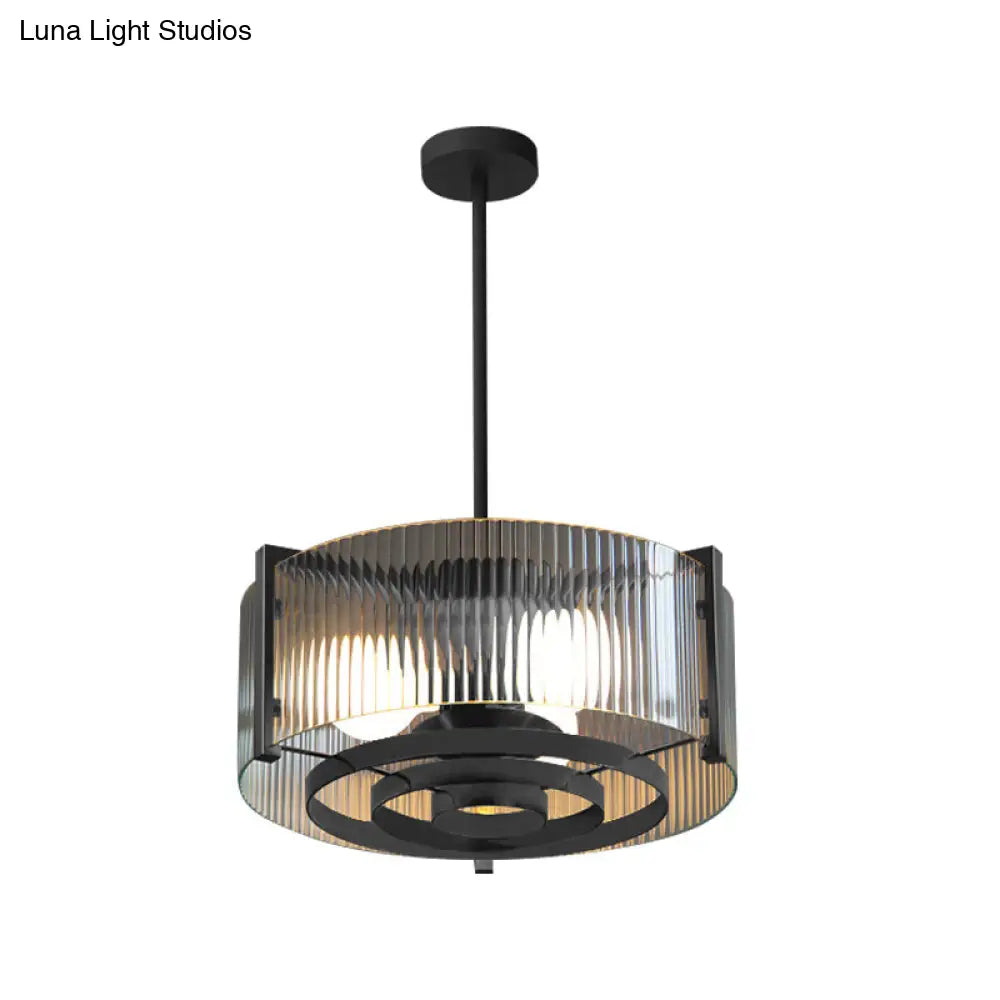 Vintage Black 3-Head Semi Flush Mount Ceiling Lamp With Clear Glass Drum And Trellis/Stripe Design
