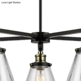 Vintage Black 5-Light Chandelier Pendant With Clear Glass Cone Shades For Dining Room Lighting