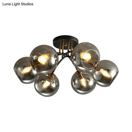 Vintage Black 6 - Head Hotel Ceiling Light With Orb Smoke/Clear Glass Shade
