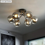 Vintage Black 6 - Head Hotel Ceiling Light With Orb Smoke/Clear Glass Shade