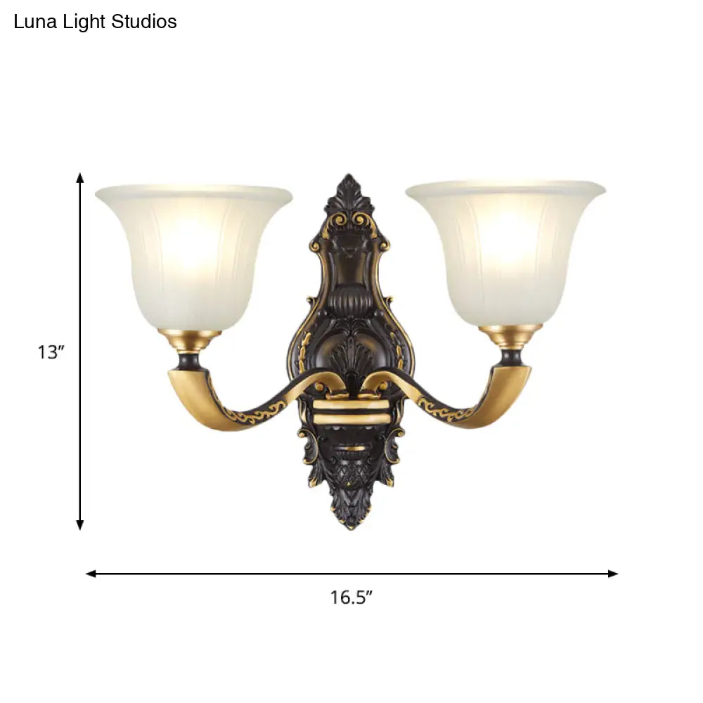 Vintage Black And Gold Frosted White Glass Wall Sconce For Bedroom - 1/2-Bulb Bell Mount Light