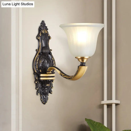 Vintage Black And Gold Frosted White Glass Wall Sconce For Bedroom - 1/2-Bulb Bell Mount Light