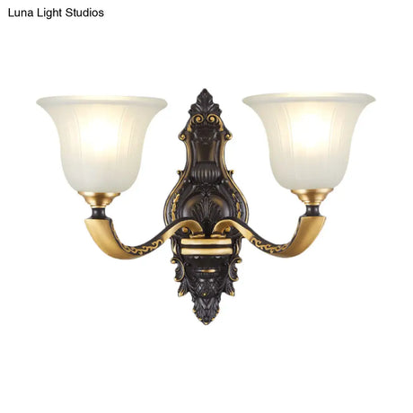 Vintage Black And Gold Frosted White Glass Wall Sconce For Bedroom - 1/2-Bulb Bell Mount Light