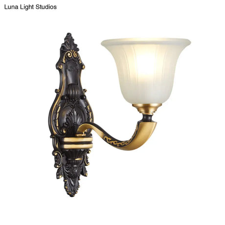 Vintage Black And Gold Frosted White Glass Wall Sconce For Bedroom - 1/2-Bulb Bell Mount Light