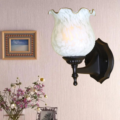 Vintage Black Bell Frost Glass Wall Light Fixture With Single Bulb For Corridor / D