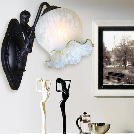 Vintage Black Bell Frost Glass Wall Light Fixture With Single Bulb For Corridor / F