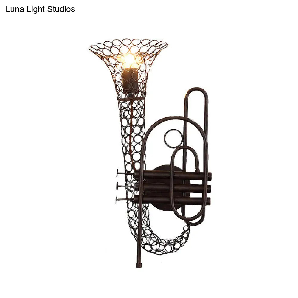 Vintage Black/Brass Iron Wall Sconce Lighting: 1-Light Saxophone Mount Lamp For Bedroom