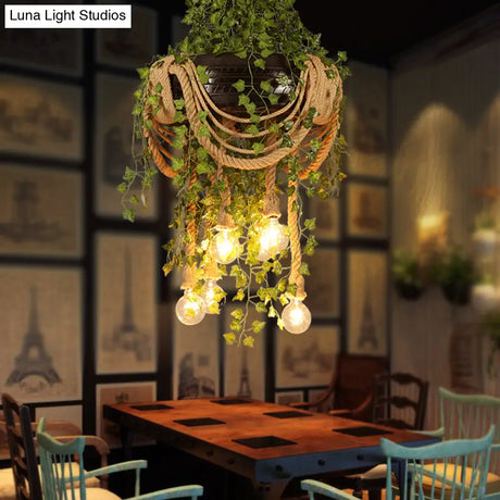 Vintage Black Bulb Chandelier With Hemp Rope And 6 Lights For Restaurant Or Plant Drop