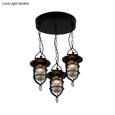 Vintage Black Caged Glass Multi Pendant 3-Light Fixture For Living Room - Round Canopy Hangs With