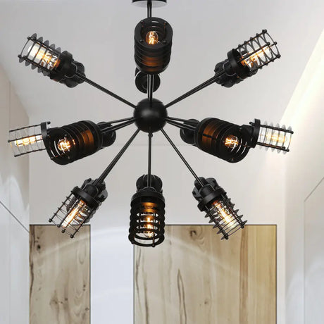 Vintage Black Chandelier Light: Starburst Metal With 9/12/15 Heads & Cylinder Frame Shade For