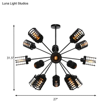 Vintage Black Chandelier Light: Starburst Metal With 9/12/15 Heads & Cylinder Frame Shade For