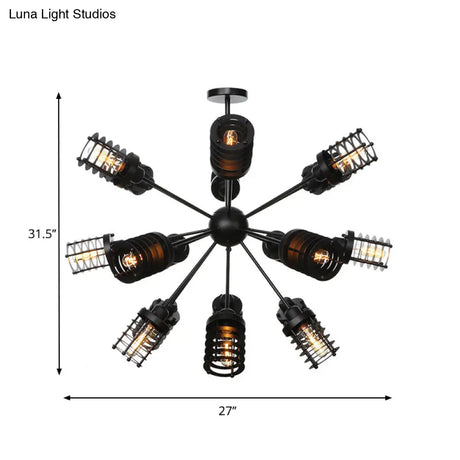 Vintage Black Chandelier Light: Starburst Metal With 9/12/15 Heads & Cylinder Frame Shade For