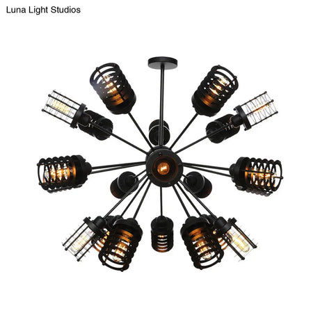 Vintage Black Chandelier Light: Starburst Metal With 9/12/15 Heads & Cylinder Frame Shade For