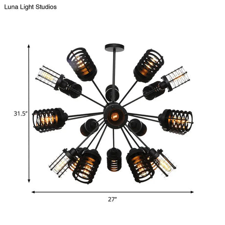Vintage Black Chandelier Light: Starburst Metal With 9/12/15 Heads & Cylinder Frame Shade For