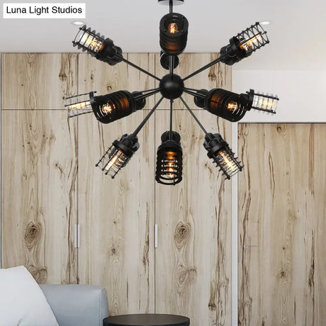 Vintage Black Chandelier Light: Starburst Metal With 9/12/15 Heads & Cylinder Frame Shade For