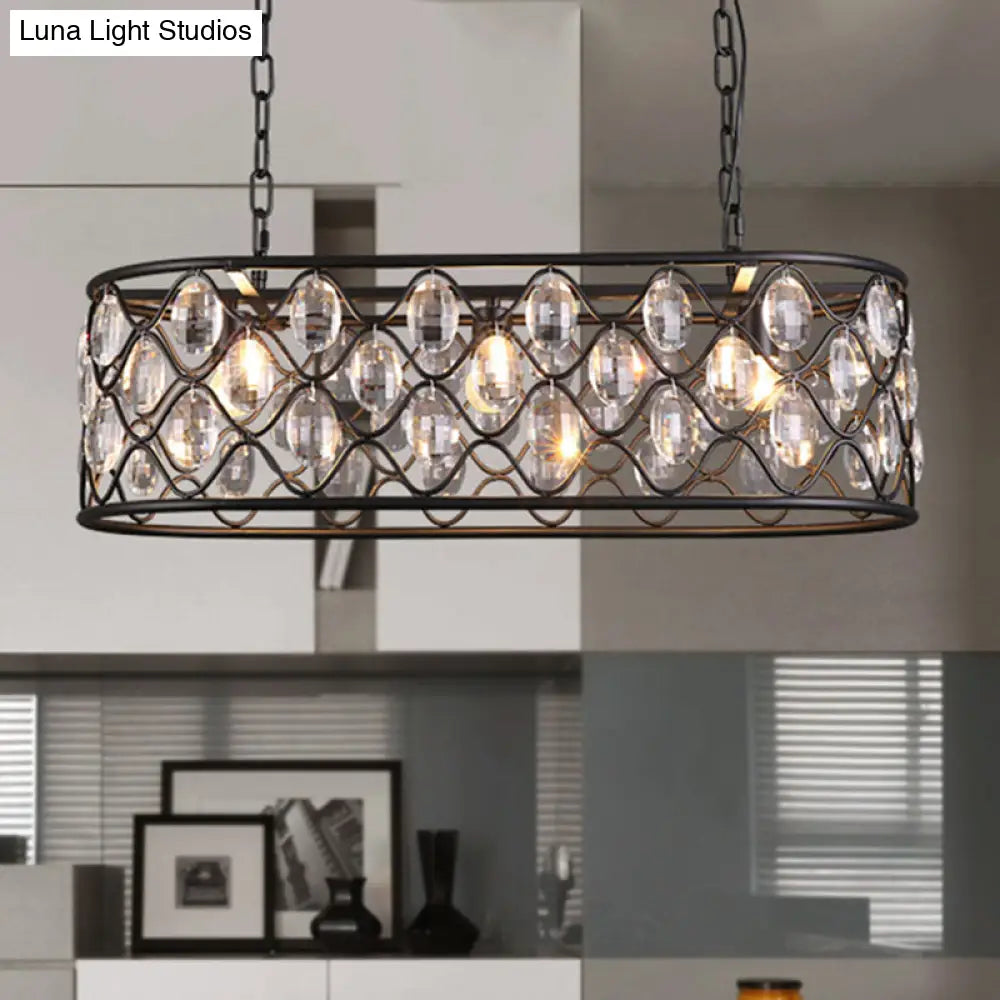 Vintage Black Crystal Drip Oval Hanging Light - 3 Heads Island For Dining Room