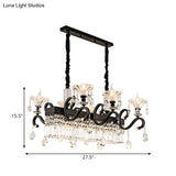 Vintage Black Crystal Prism Island Pendant Lamp - 9 Lights With Flared Suspension And Scroll Arm