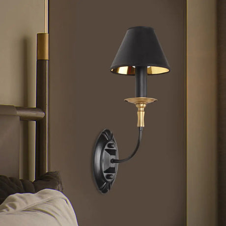 Vintage Black Fabric Wall Sconce With Curvy Arm For Hallway Lighting 1 /