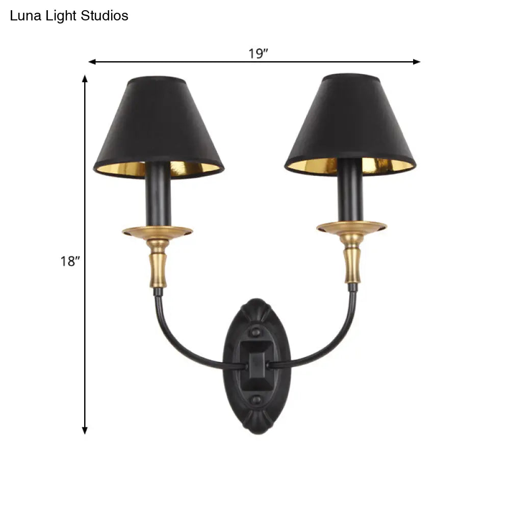Vintage Black Fabric Wall Sconce With Curvy Arm For Hallway Lighting