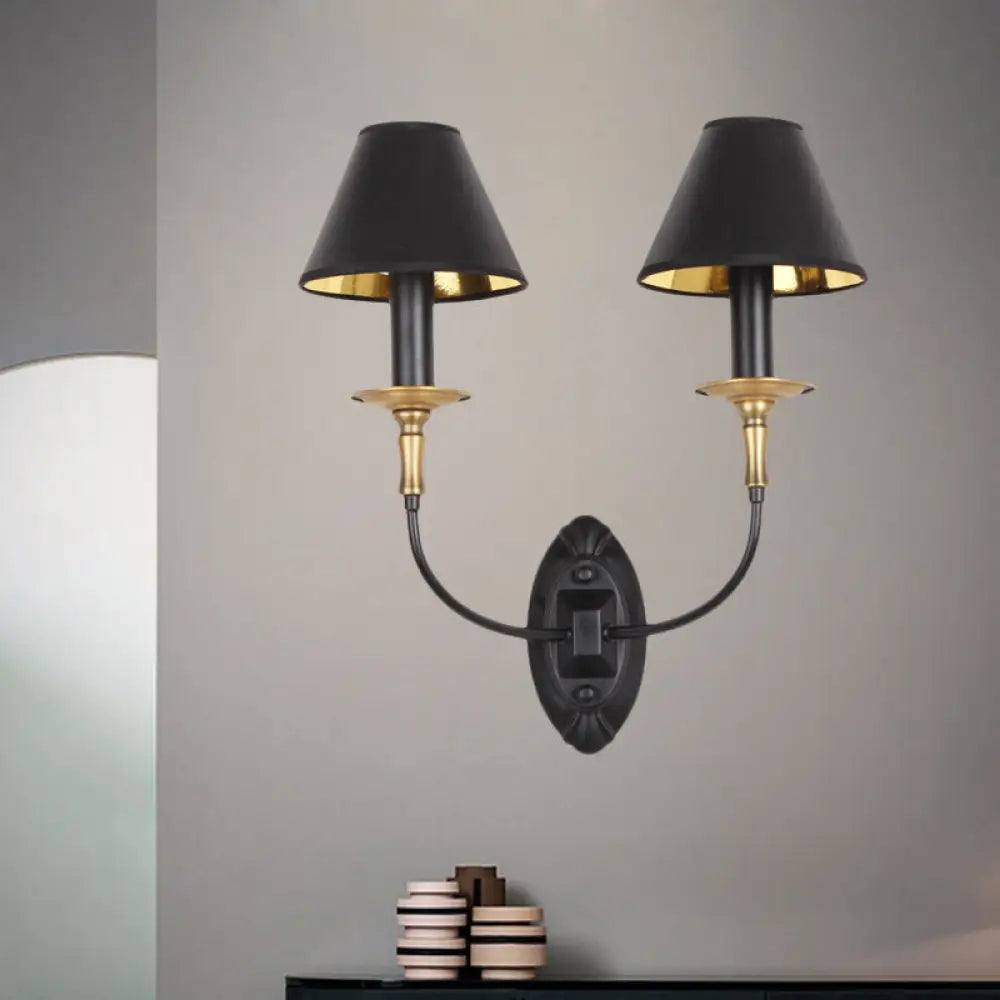 Vintage Black Fabric Wall Sconce With Curvy Arm For Hallway Lighting 2 /