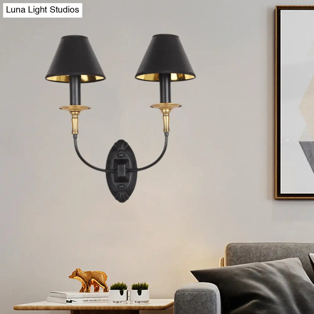 Vintage Black Fabric Wall Sconce With Curvy Arm For Hallway Lighting
