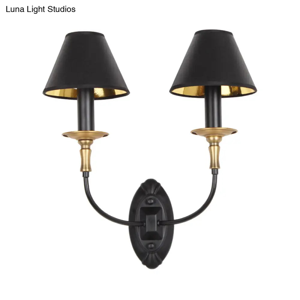 Vintage Black Fabric Wall Sconce With Curvy Arm For Hallway Lighting