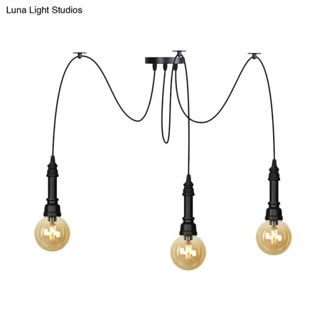 Vintage Black Finish Amber Glass Chandelier - Multi Light Pendant Lamp For Global Restaurants