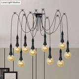 Vintage Black Finish Amber Glass Chandelier - Multi Light Pendant Lamp For Global Restaurants