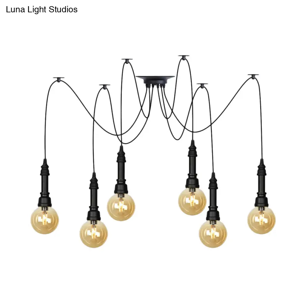 Vintage Black Finish Amber Glass Chandelier - Multi Light Pendant Lamp For Global Restaurants