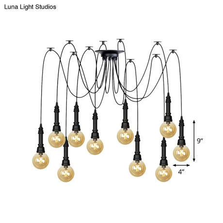Vintage Black Finish Amber Glass Chandelier - Multi Light Pendant Lamp For Global Restaurants