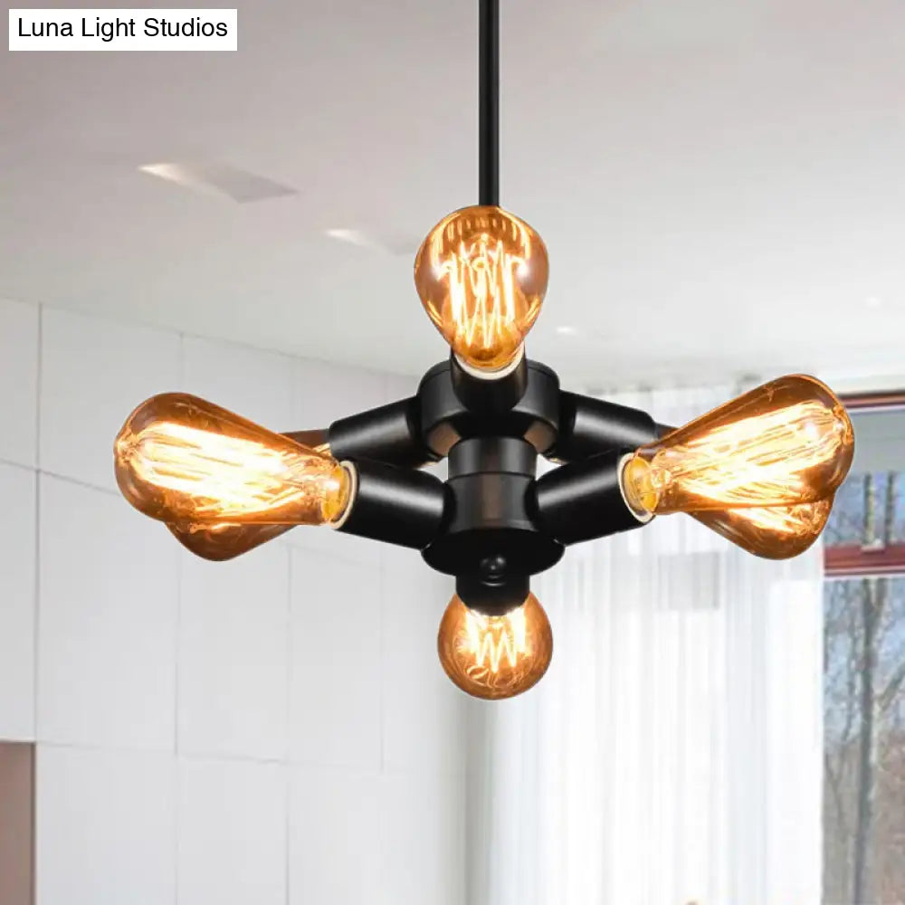 Vintage Black Finish Metal Bare Bulb Chandelier With Hanging Rod - 3/4/5 Lights For Bar