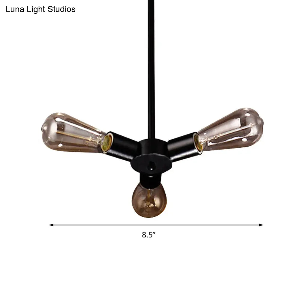 Vintage Black Finish Metal Bare Bulb Chandelier With Hanging Rod - 3/4/5 Lights For Bar