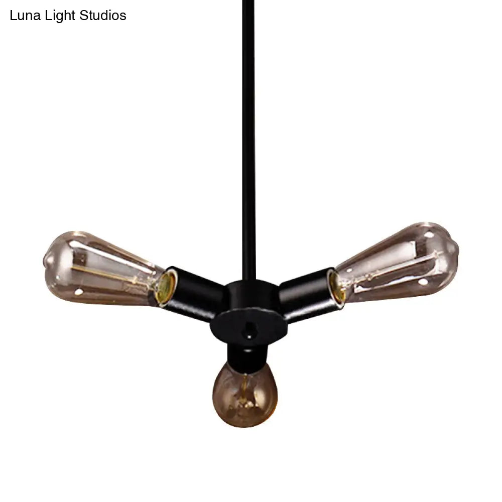 Vintage Black Finish Metal Bare Bulb Chandelier With Hanging Rod - 3/4/5 Lights For Bar