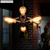 Vintage Black Finish Metal Bare Bulb Chandelier With Hanging Rod - 3/4/5 Lights For Bar