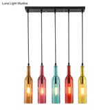 Vintage Black Glass Pendant Light With 5 Linear Bottle Shades - Elegant Suspension Fixture