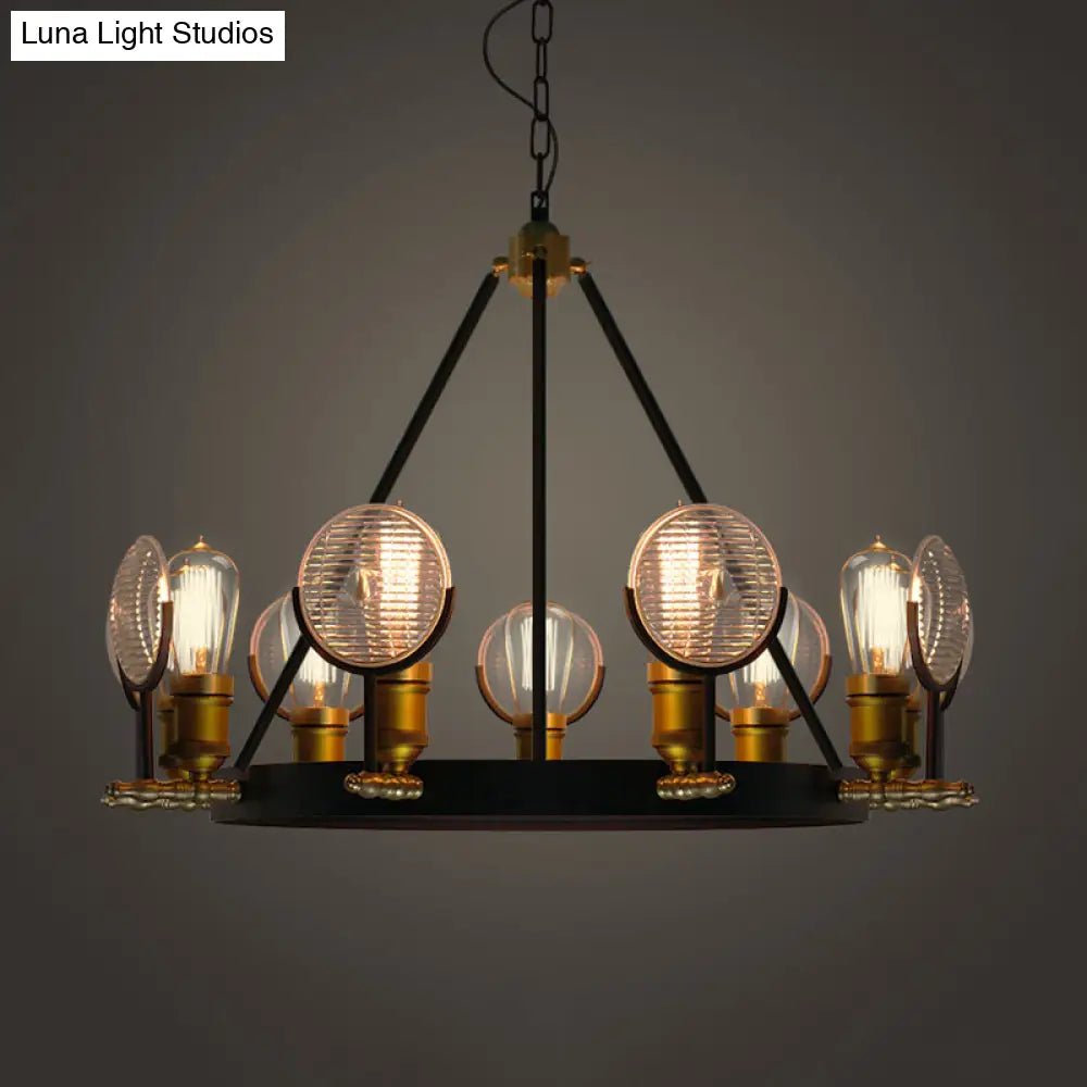 Vintage Black Grid Glass Lens Chandelier Lamp - 6/9/12 Lights Hanging Light Kit For Restaurants