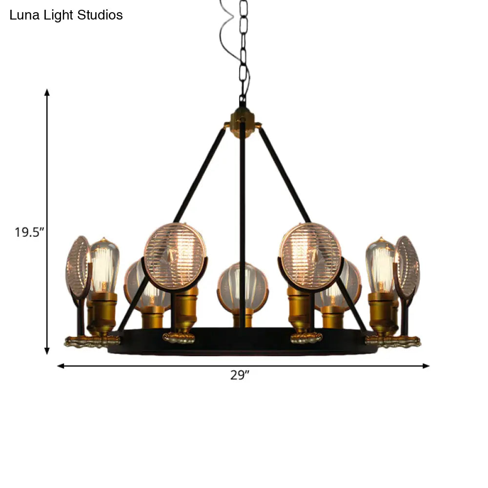 Vintage Black Grid Glass Lens Chandelier Lamp - 6/9/12 Lights Hanging Light Kit For Restaurants