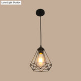 Vintage Black Iron Diamond Ceiling Lamp For Dining Room Single-Bulb Hanging Light