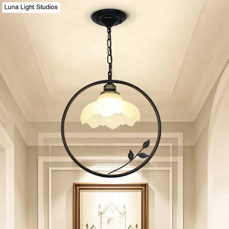 Vintage Black Iron Pendant Light With Frosted Glass Shade For Corridor Suspension
