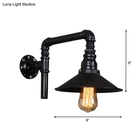Vintage Black Iron Sconce With Flared Bulb And Right Angle Arm For Restaurant Wall Mount
