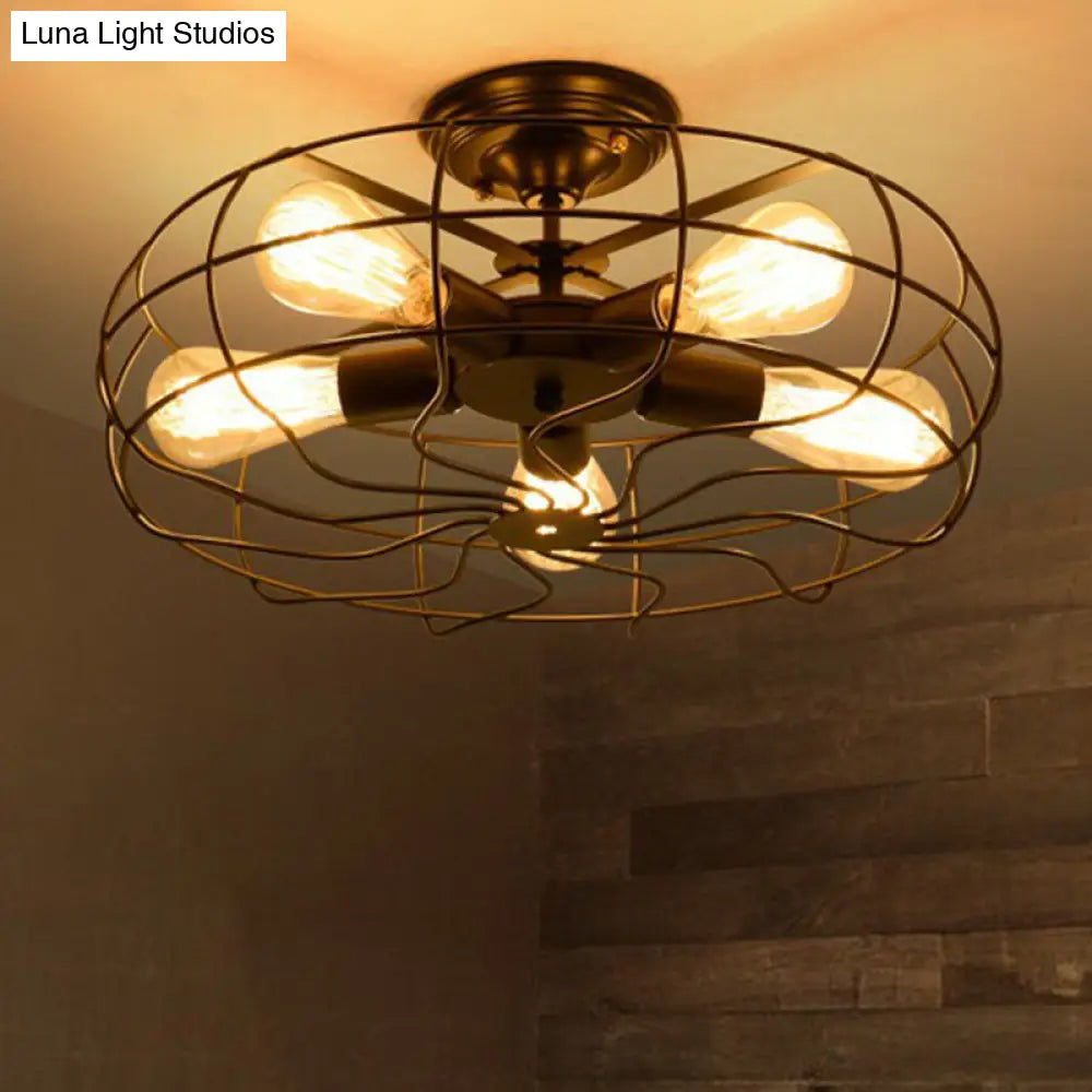 Vintage Black Iron Semi Flush Ceiling Light With Radial Shape And Cage - Ideal For Restaurants