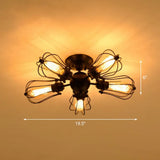 Vintage Black Iron Semi Flush Ceiling Light With Radial Shape And Cage - Ideal For Restaurants / A